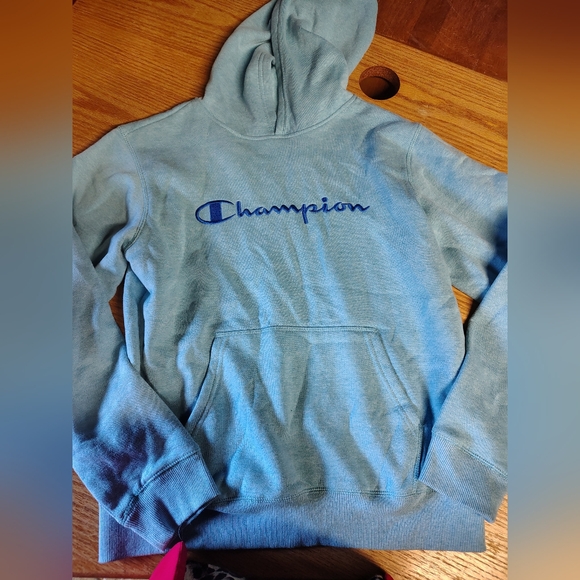 Champion Tops - Champion Light Blue Hoodie with Navy Logo